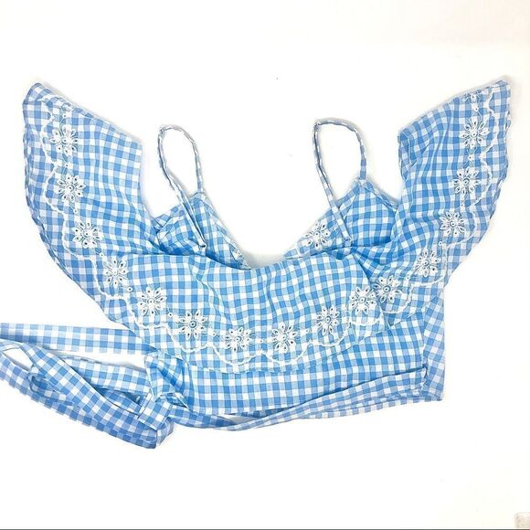 TULAROSA Molina Cropped Pastel Blue Gingham Wrap Blouse Size XS by Revolve - Picture 7 of 11